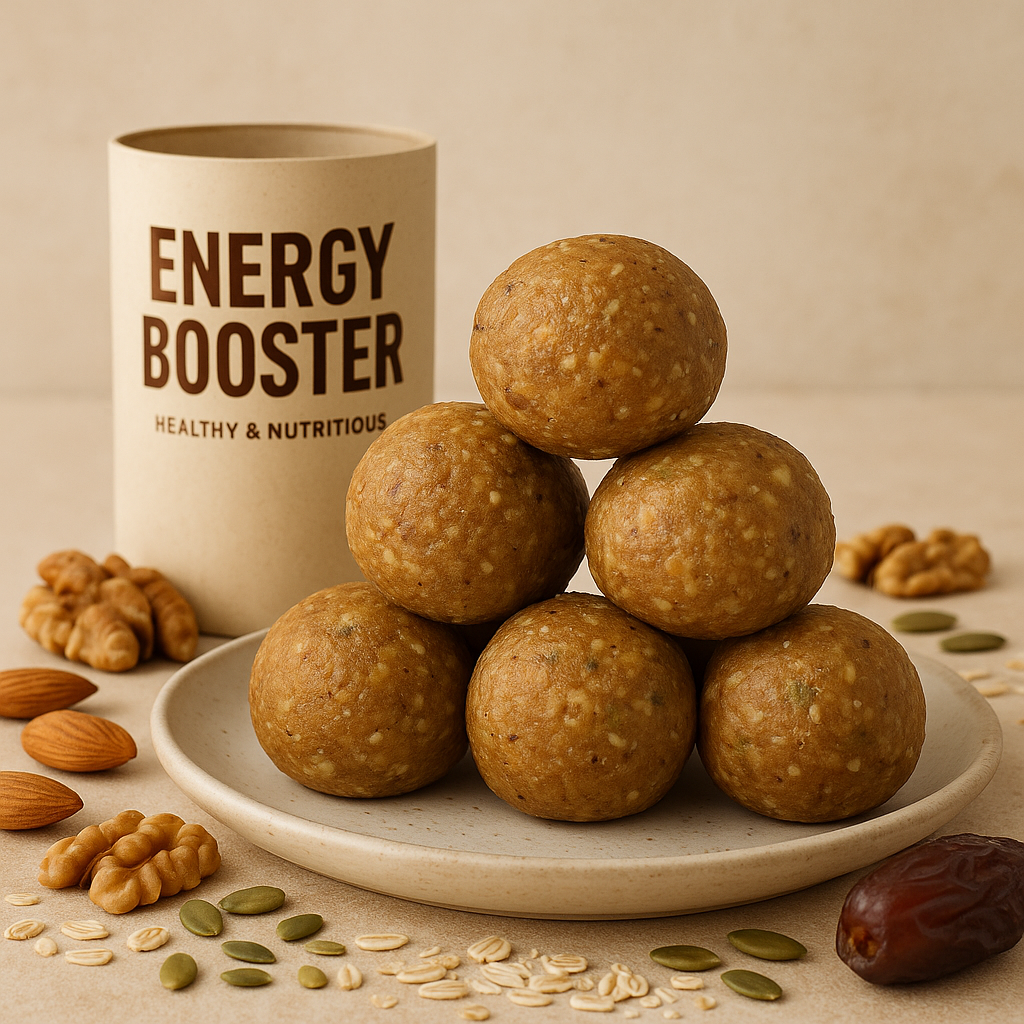 Energy booster balls on a plate with a container labeled 'Energy Booster' on a beige background.