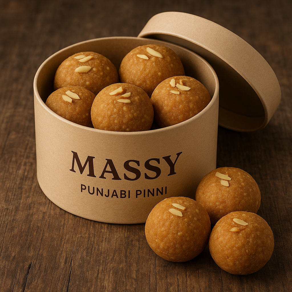 Massy Punjabi Pinni in a cardboard container on a wooden surface
